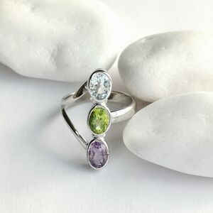 Sterling Silver Peridot Amethyst Topaz Gemstone Ring Size 8